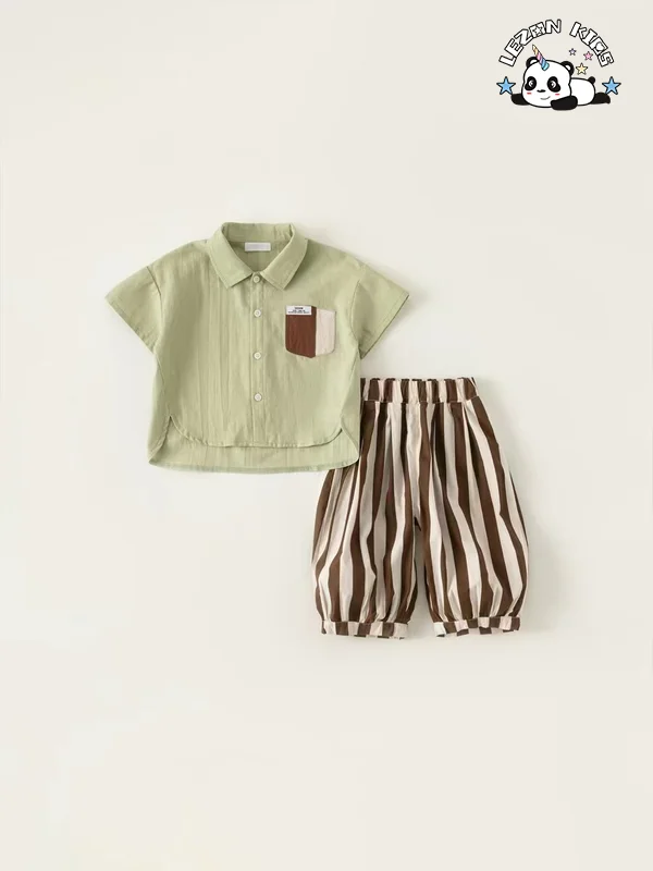 LEZONKIDS - OEM Customizable Little Gentle Short Sleeve and Pant Button Outfits Boys Clothing Sets 2-14 Years Old